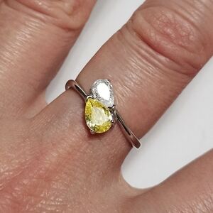 Unique Canary Yellow & White Pear Sterling Silver Ring size 7 NEW